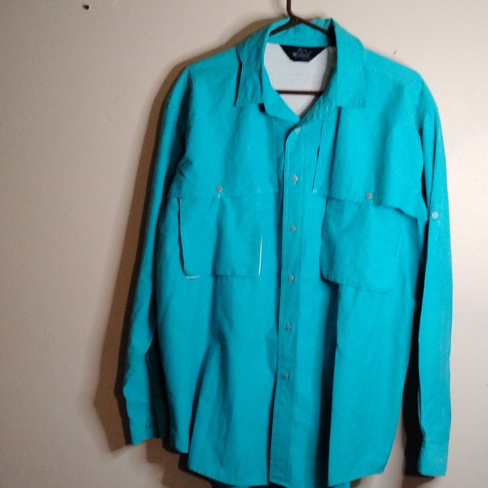 Vintage Woolrich Shirt Mens XL Button Up Teal Blue Vented Nylon Blend Fishing A8